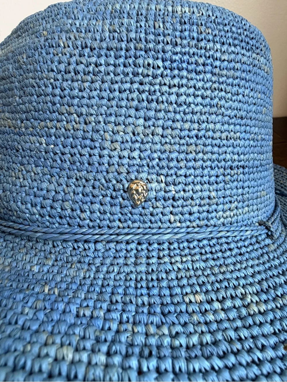 Helen Kaminski Stonewashed Blue 100% Raffia Crochet Fedora Sun Hat Wide Brim OS